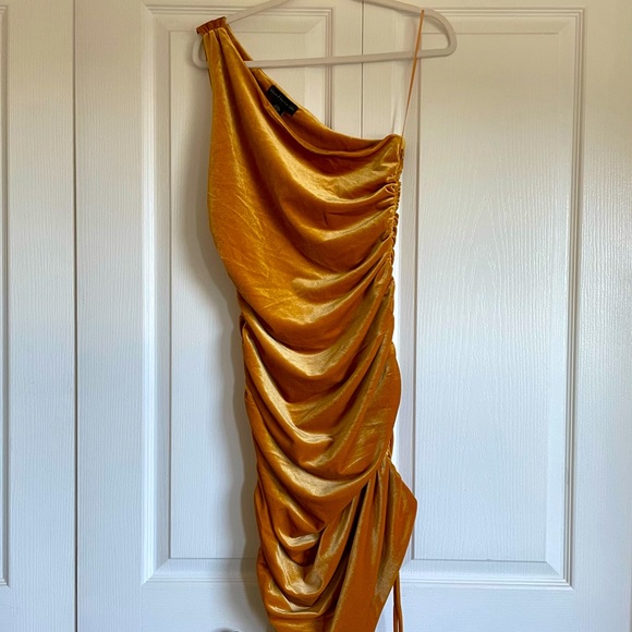 NWT House of Harlow 1960 Women’s Slinky Ruched Velvet Mini Dress Gold X-Small - Picture 8 of 14